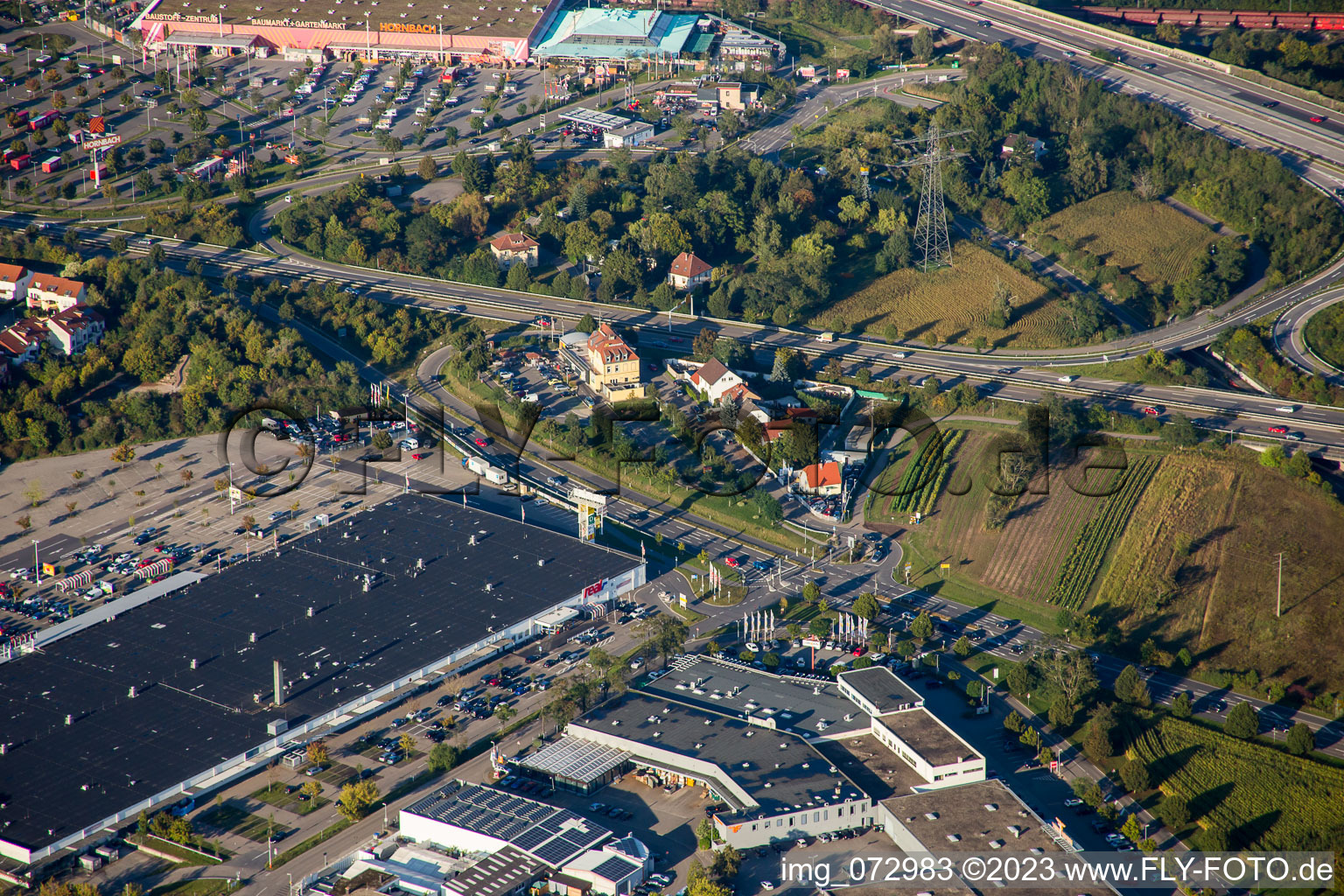 Aerial photograpy of Schütte-Lanz-Park commercial area in Brühl in the state Baden-Wuerttemberg, Germany