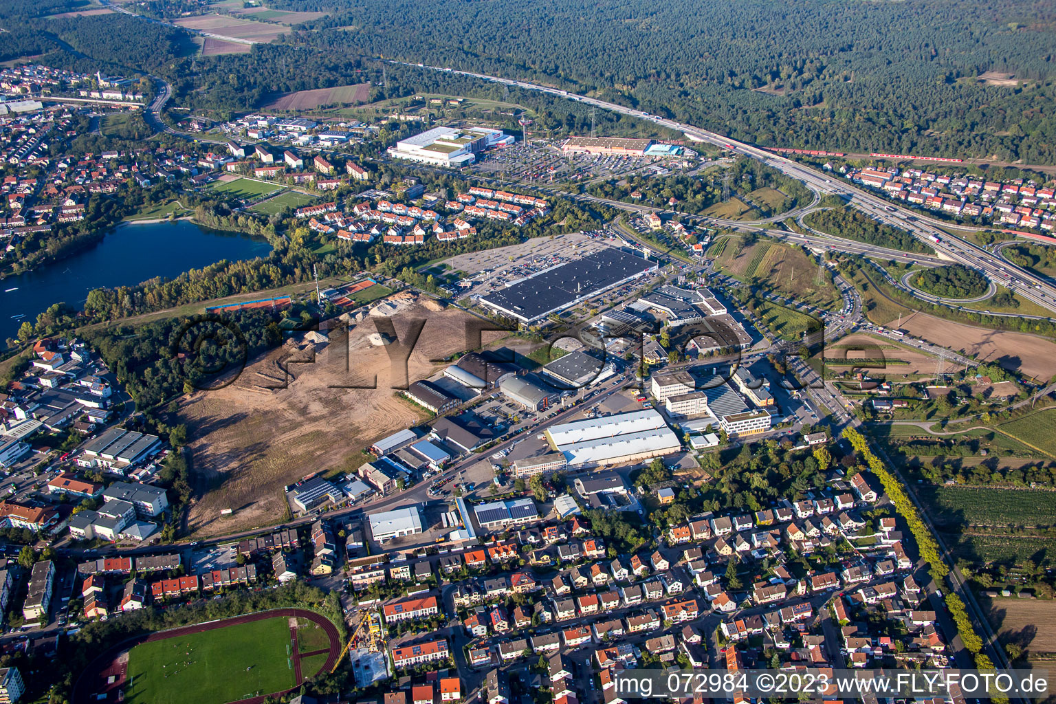 Oblique view of Schütte-Lanz-Park commercial area in Brühl in the state Baden-Wuerttemberg, Germany