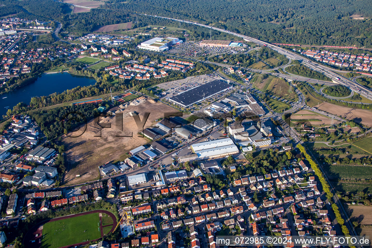 Aerial photograpy of New building construction site in the industrial parkSchuette-Lanz-Park in Bruehl in the state Baden-Wurttemberg