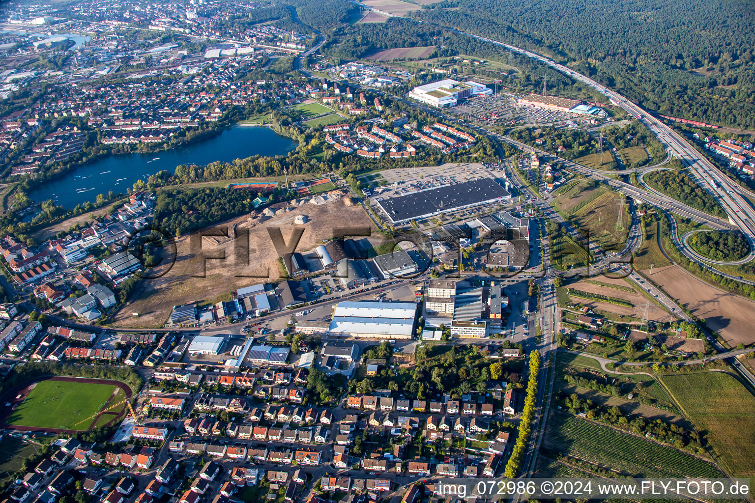 Schütte-Lanz-Park commercial area in Brühl in the state Baden-Wuerttemberg, Germany from above