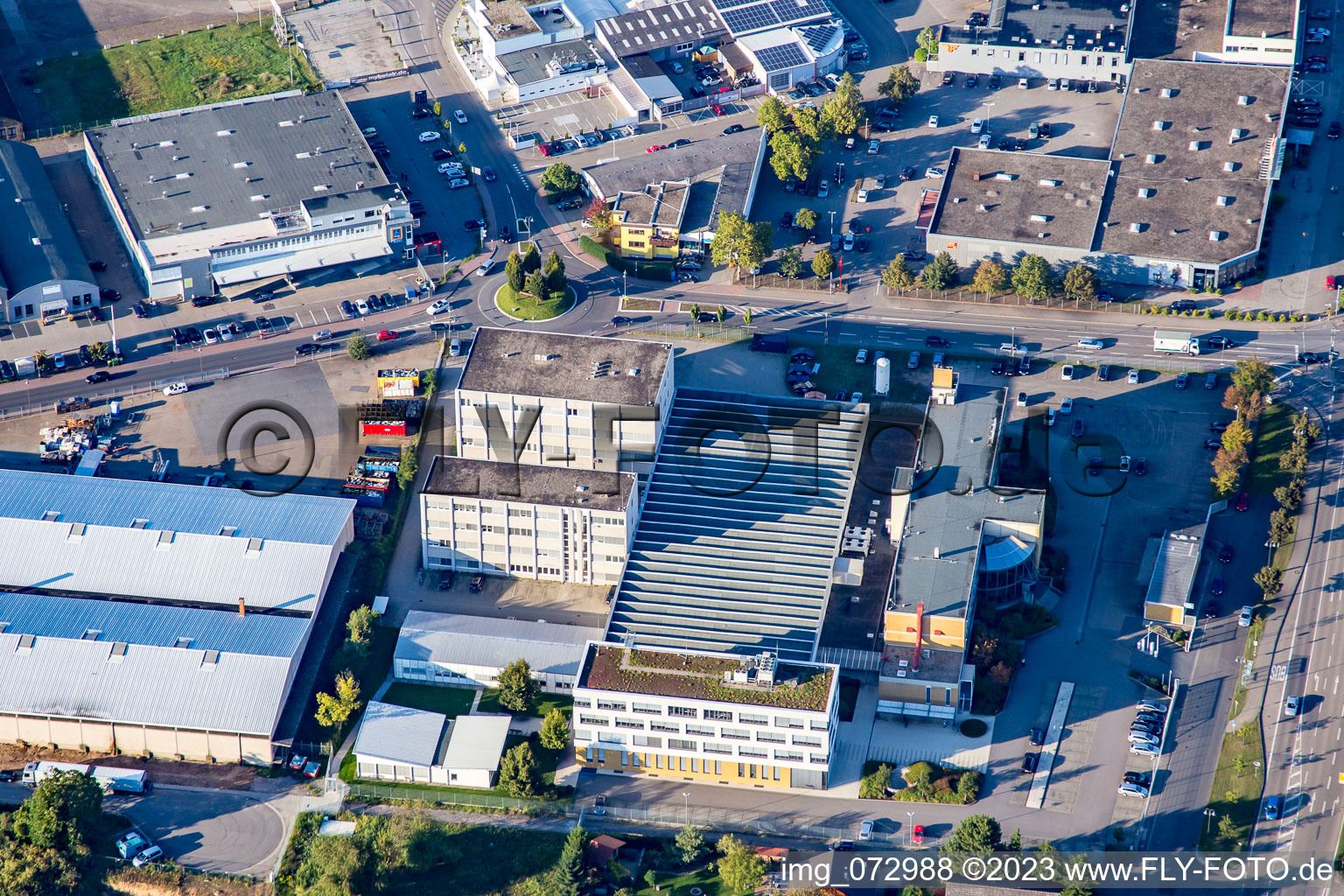 Schütte-Lanz-Park commercial area in Brühl in the state Baden-Wuerttemberg, Germany seen from above