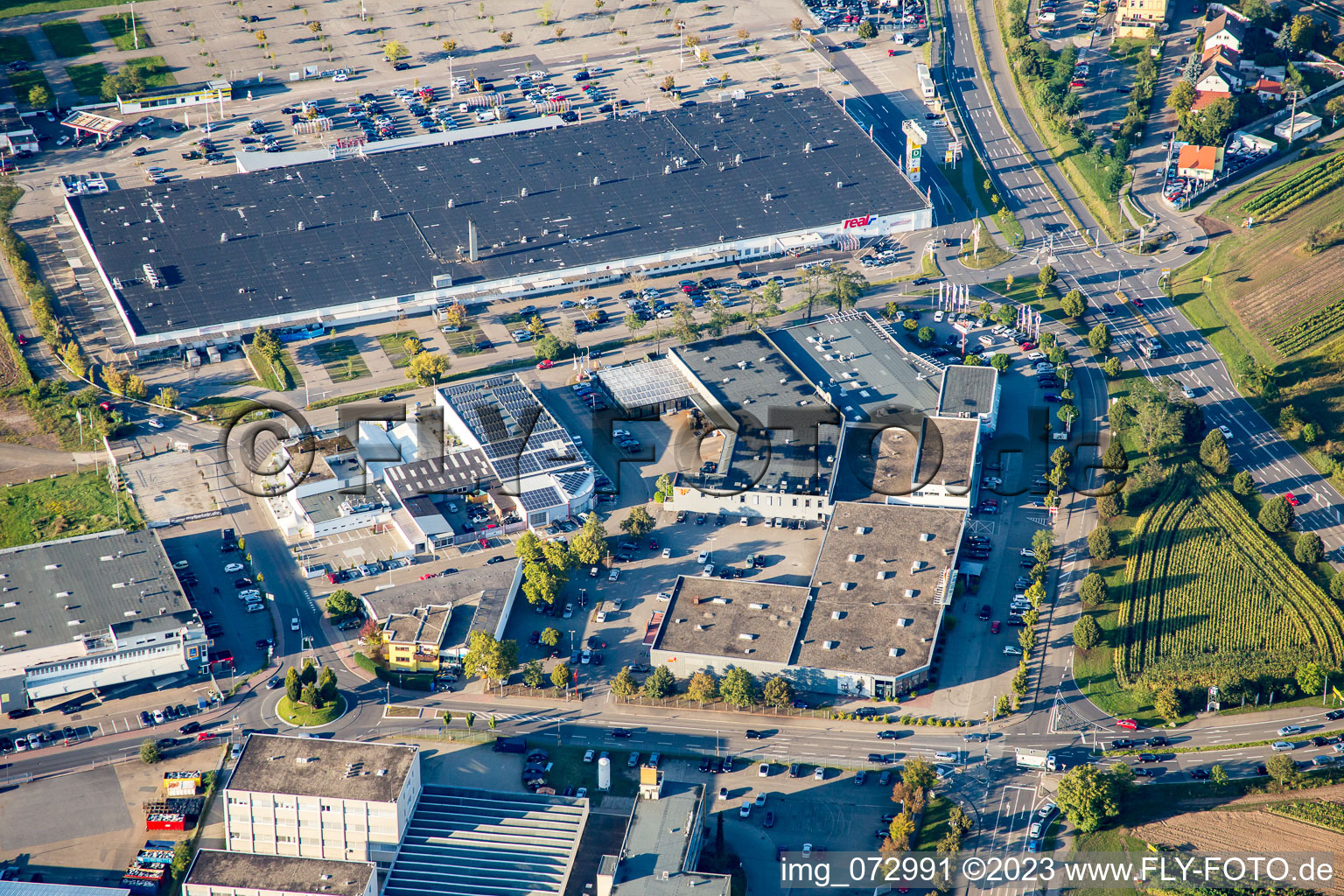 Schütte-Lanz-Park commercial area in Brühl in the state Baden-Wuerttemberg, Germany from the plane