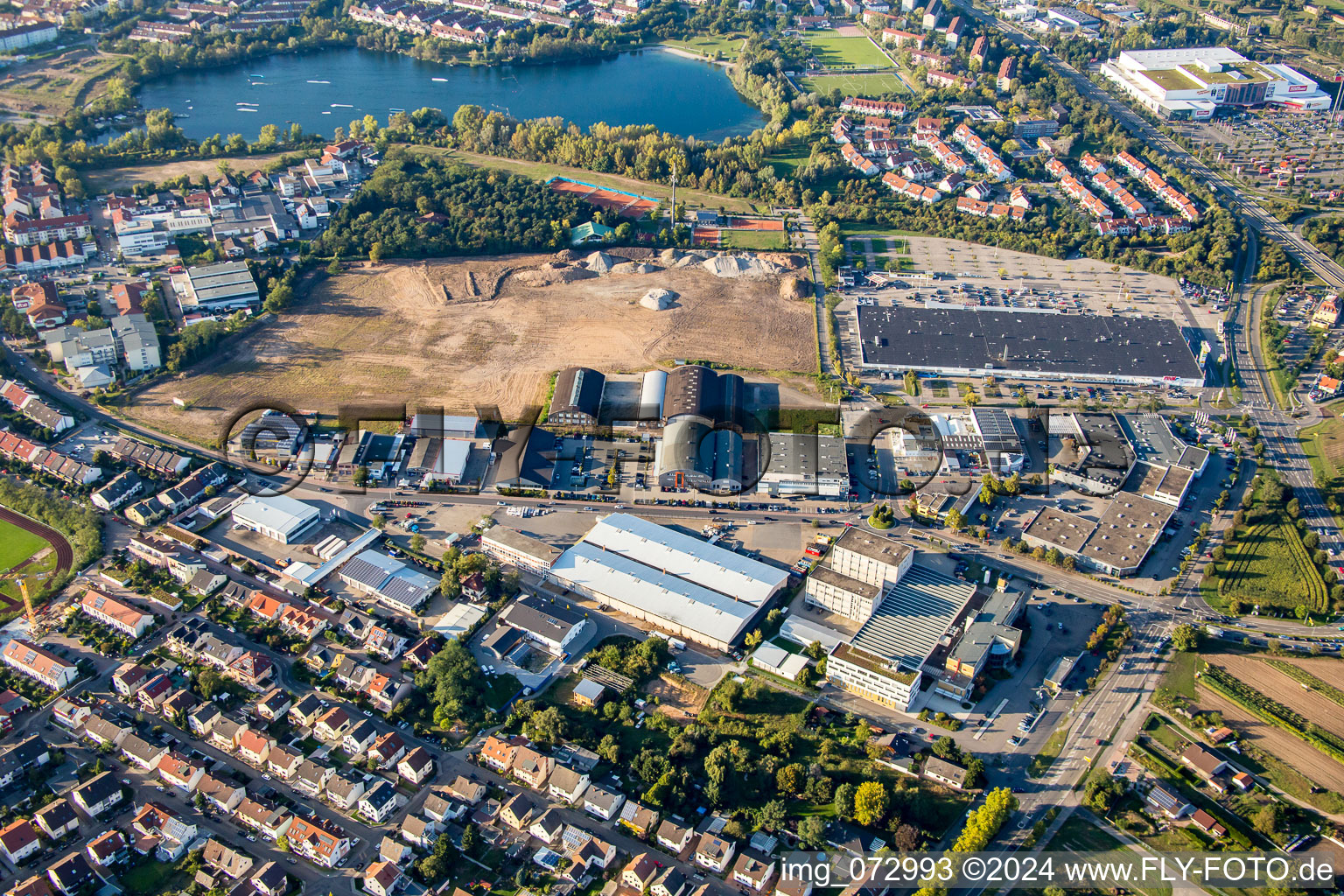 Oblique view of New building construction site in the industrial parkSchuette-Lanz-Park in Bruehl in the state Baden-Wurttemberg