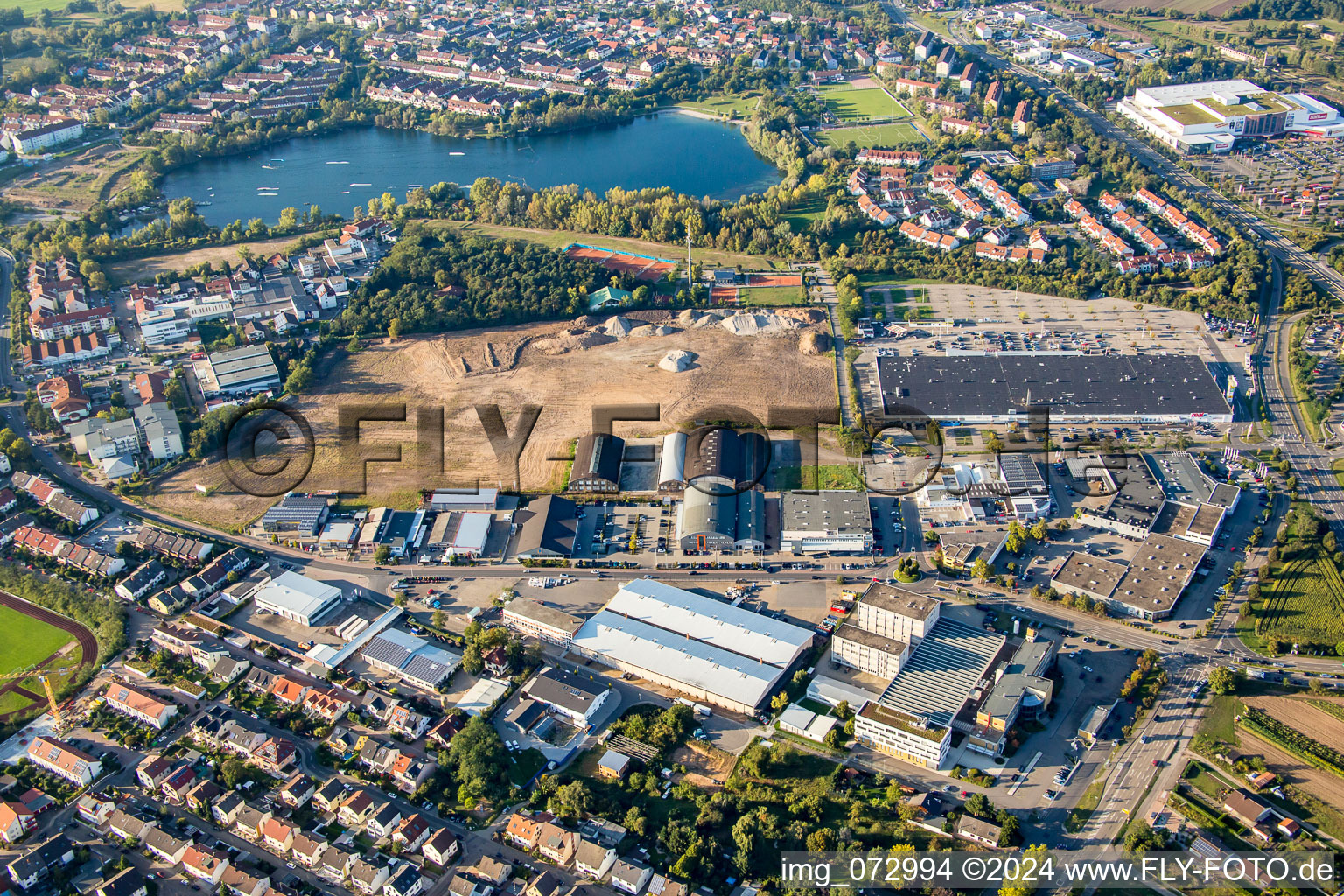 Industrial estate and company settlement Schuette-Lanz-Park in the district Rheinau in Bruehl in the state Baden-Wurttemberg from above