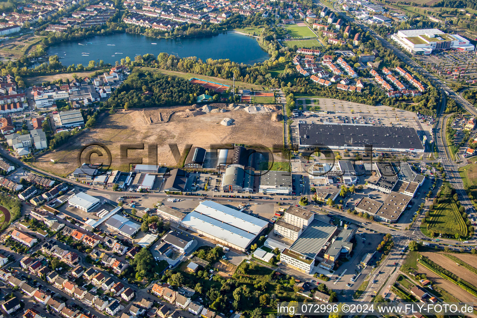 Aerial view of Brühl, Schütte-Lanz-Park commercial area in Schwetzingen in the state Baden-Wuerttemberg, Germany