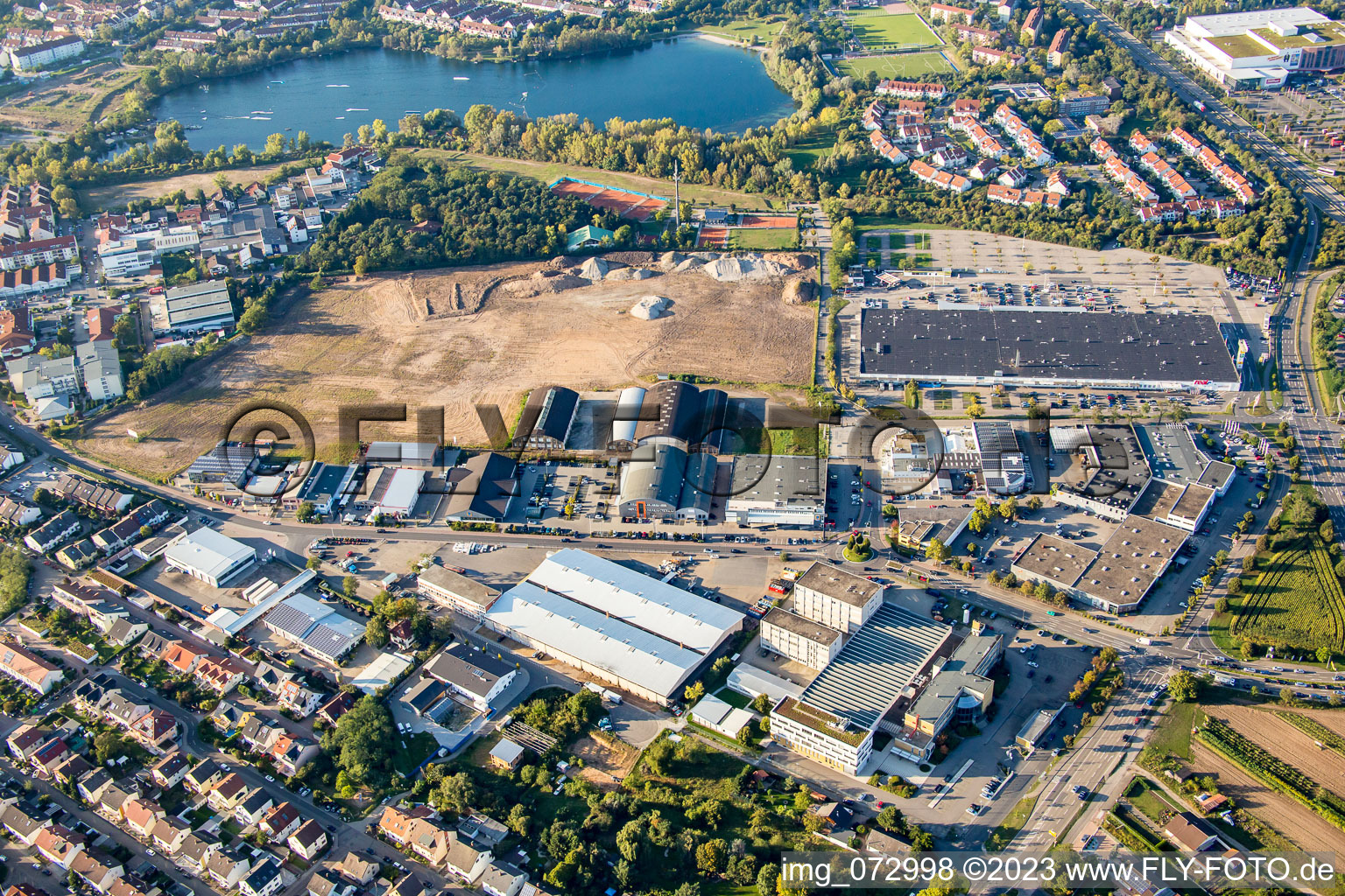 Aerial photograpy of Brühl, Schütte-Lanz-Park commercial area in Schwetzingen in the state Baden-Wuerttemberg, Germany