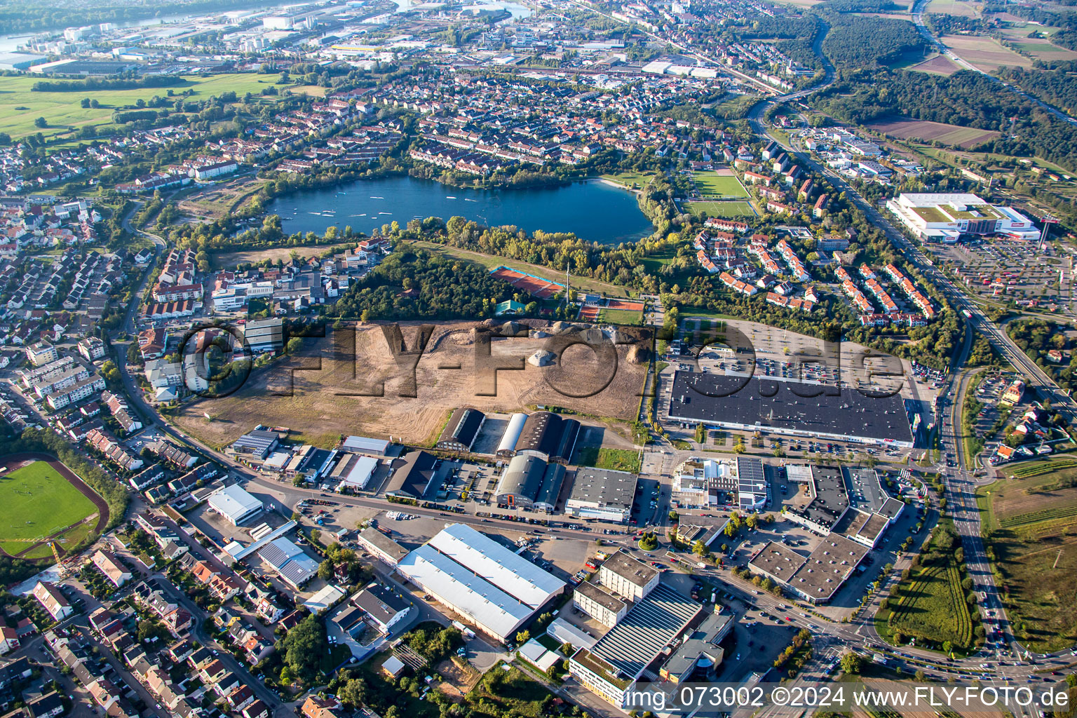 Bird's eye view of Schütte-Lanz-Park commercial area in Brühl in the state Baden-Wuerttemberg, Germany