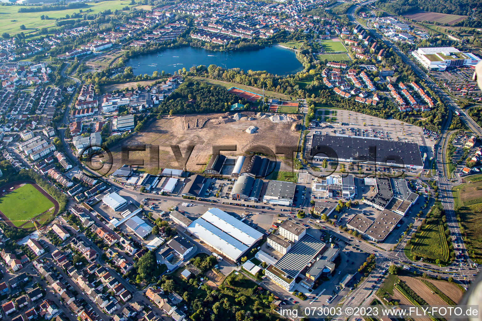 Schütte-Lanz-Park commercial area in Brühl in the state Baden-Wuerttemberg, Germany viewn from the air