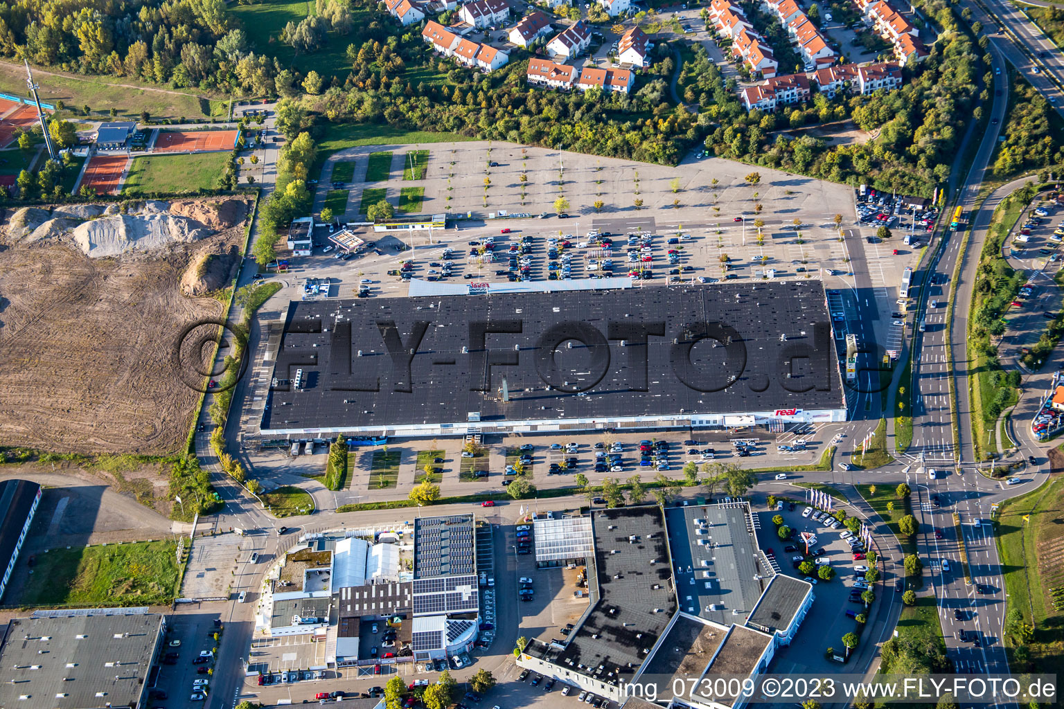 Drone recording of Schütte-Lanz-Park commercial area in Brühl in the state Baden-Wuerttemberg, Germany