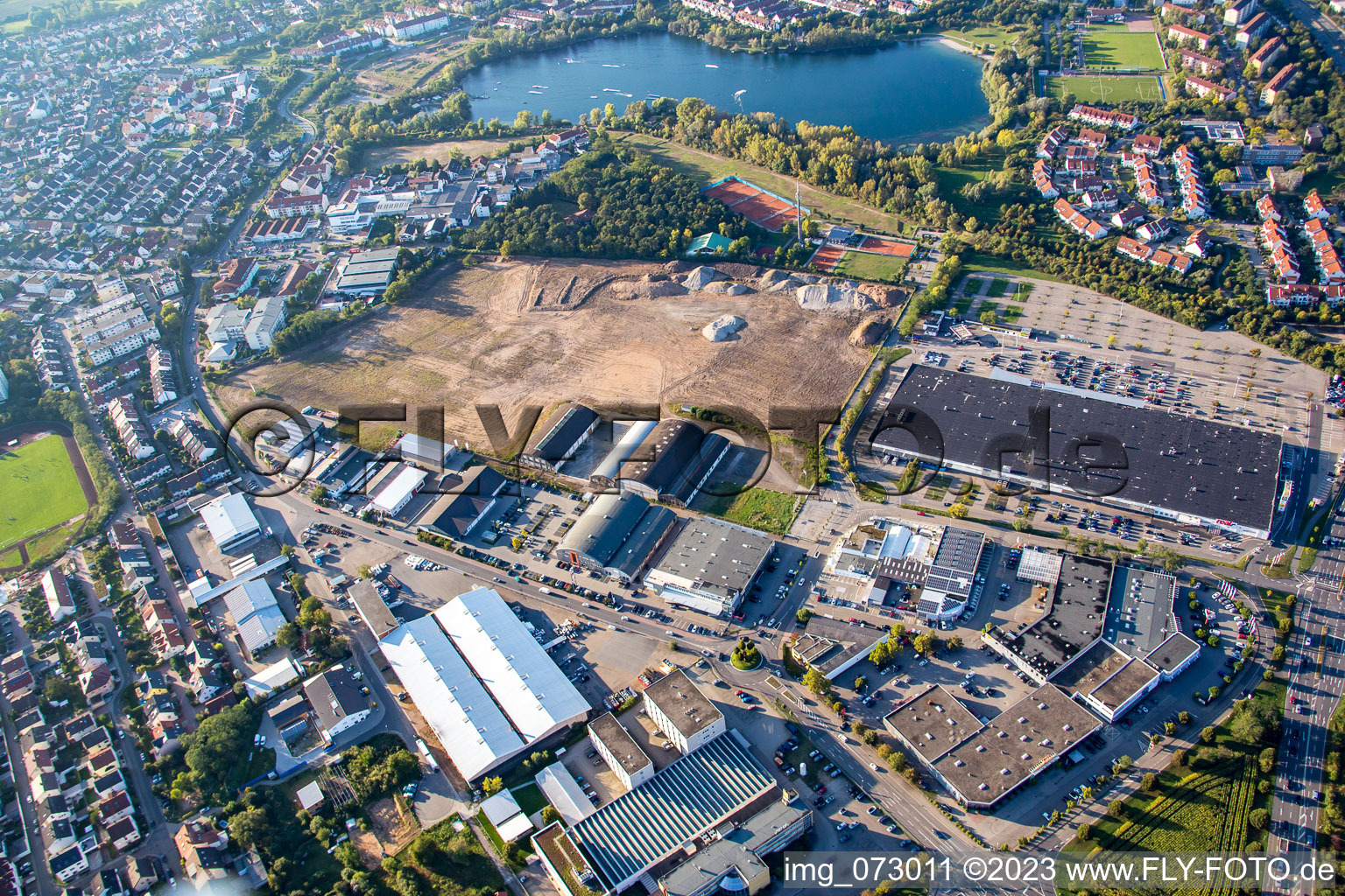 Drone image of Schütte-Lanz-Park commercial area in Brühl in the state Baden-Wuerttemberg, Germany