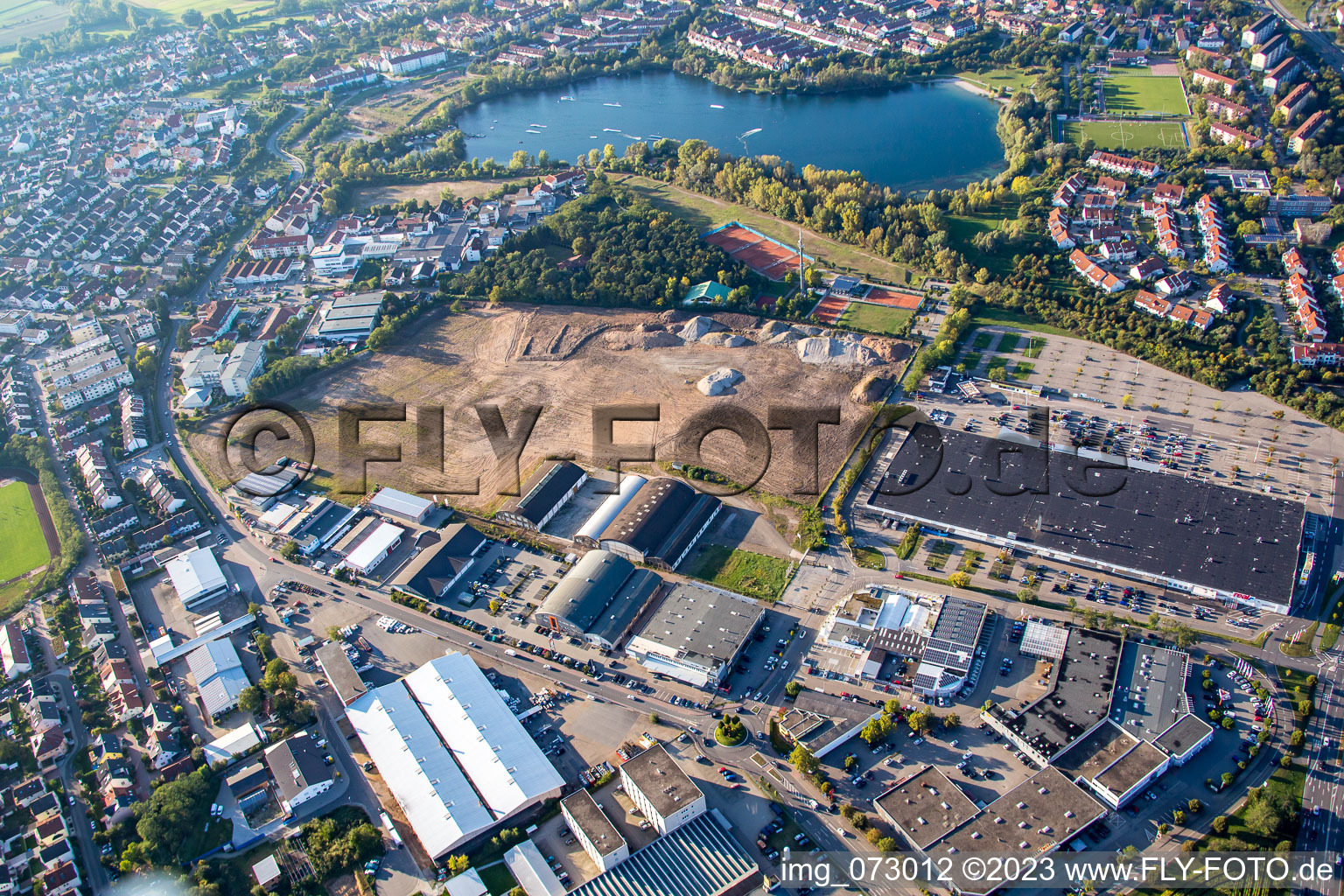 Schütte-Lanz-Park commercial area in Brühl in the state Baden-Wuerttemberg, Germany from the drone perspective