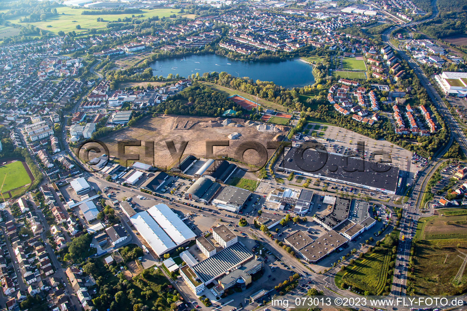 Schütte-Lanz-Park commercial area in Brühl in the state Baden-Wuerttemberg, Germany from a drone