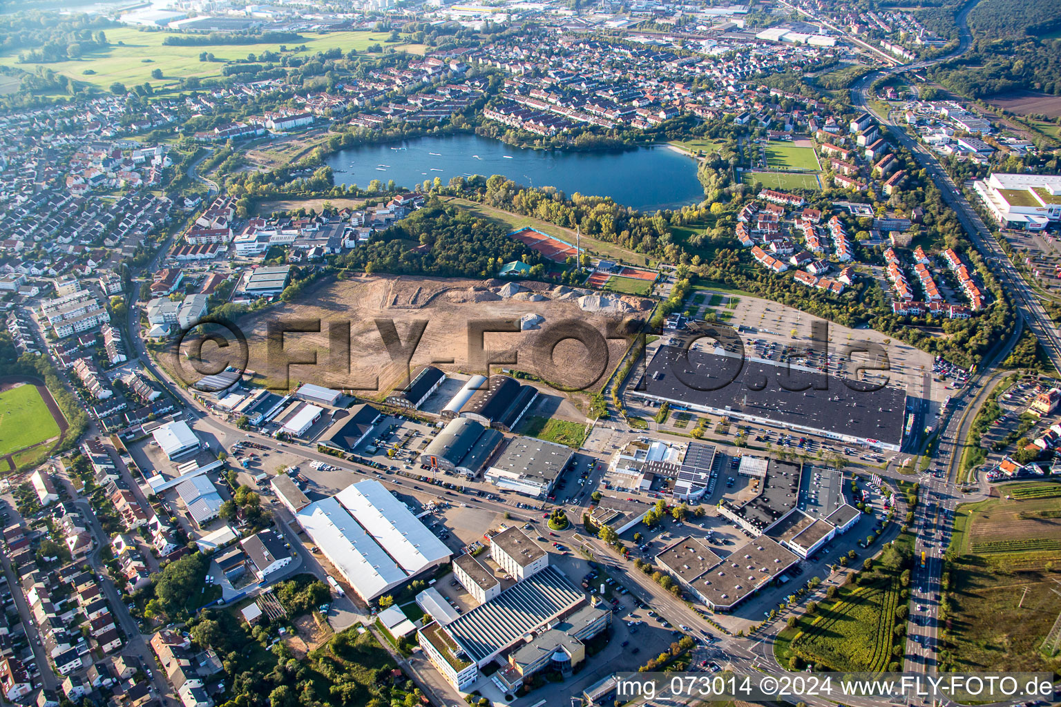 New building construction site in the industrial parkSchuette-Lanz-Park in Bruehl in the state Baden-Wurttemberg from above