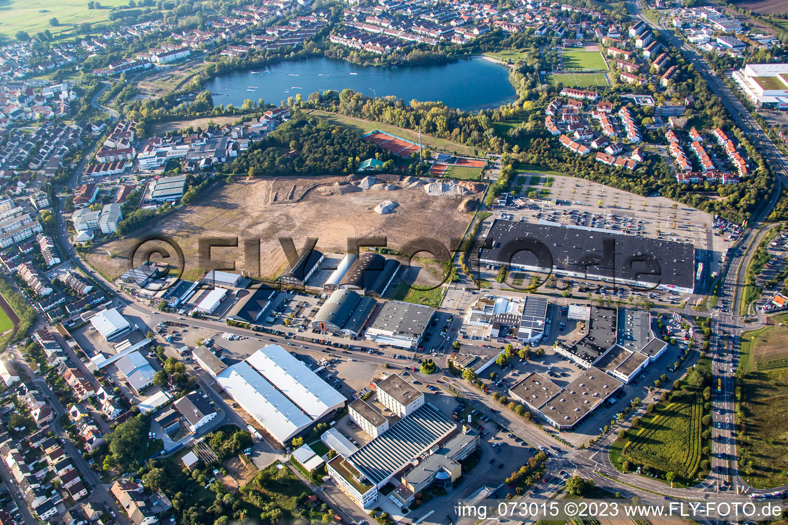 Schütte-Lanz-Park commercial area in Brühl in the state Baden-Wuerttemberg, Germany seen from a drone