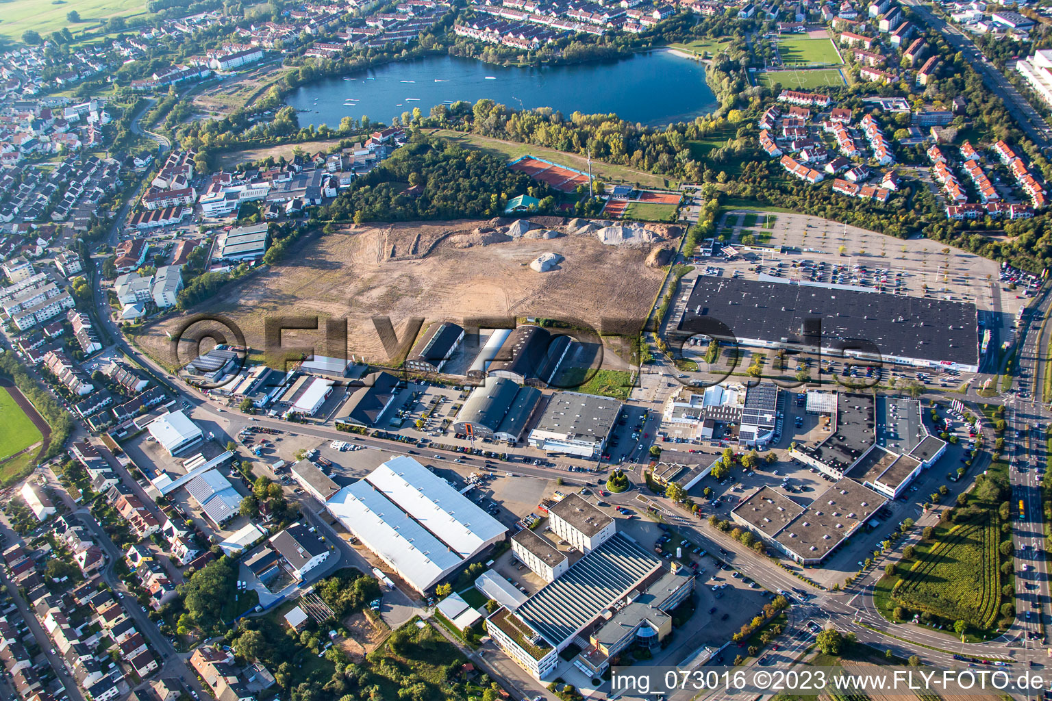 Aerial view of Schütte-Lanz-Park commercial area in Brühl in the state Baden-Wuerttemberg, Germany