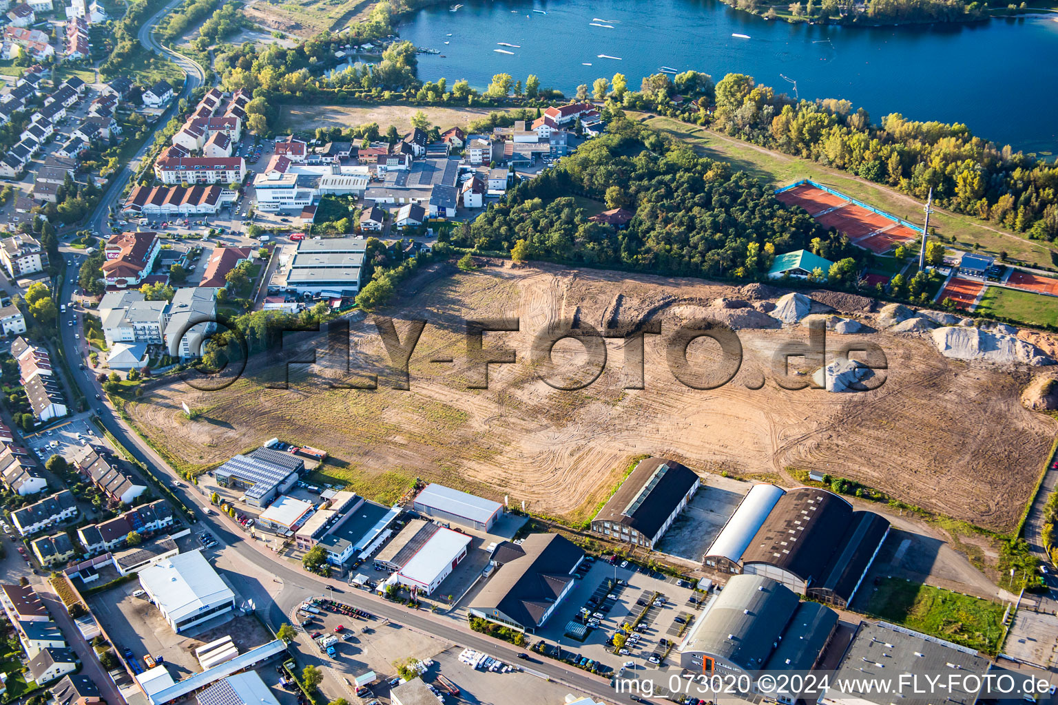 New building construction site in the industrial parkSchuette-Lanz-Park in Bruehl in the state Baden-Wurttemberg out of the air