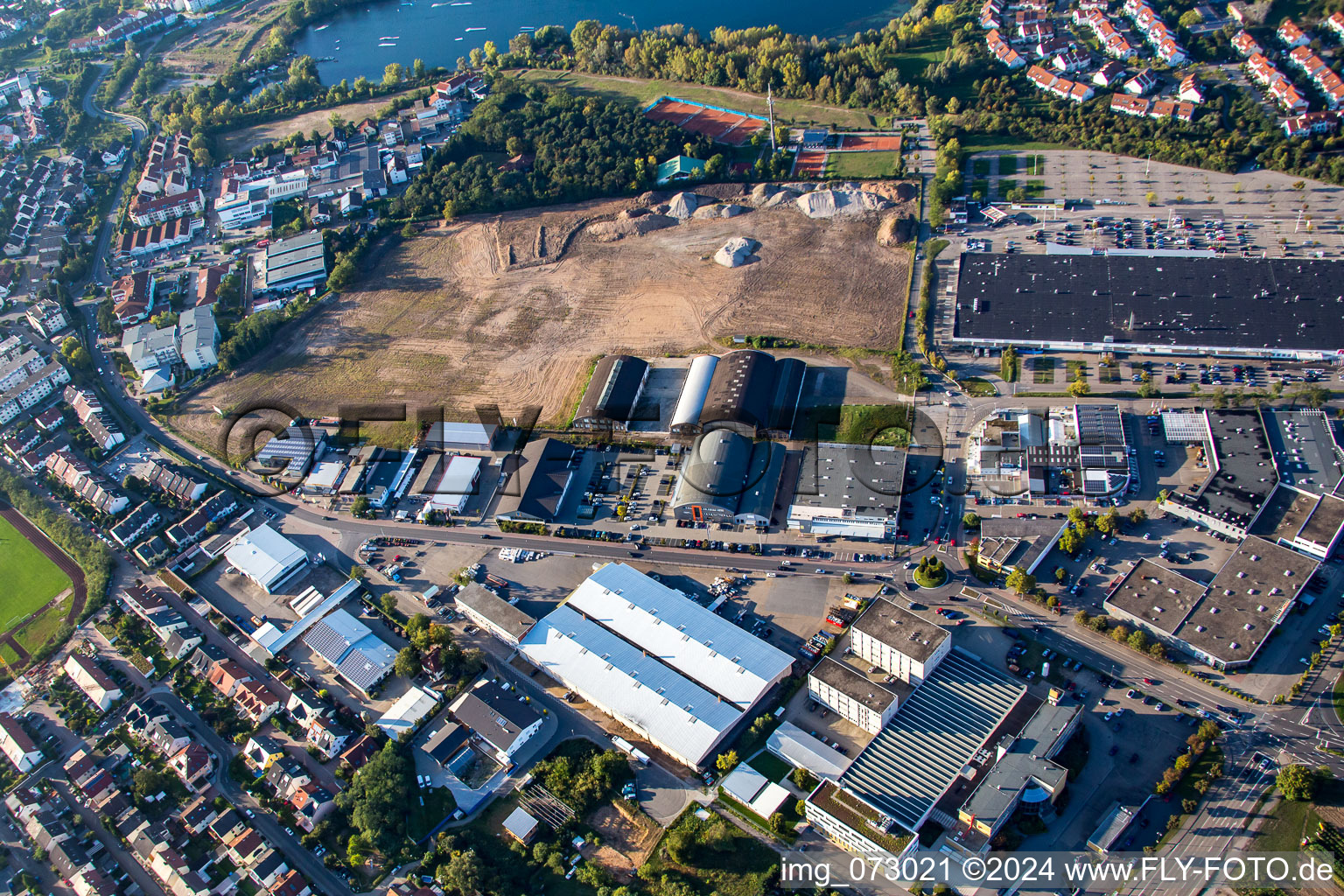 Oblique view of Brühl, Schütte-Lanz-Park commercial area in Schwetzingen in the state Baden-Wuerttemberg, Germany