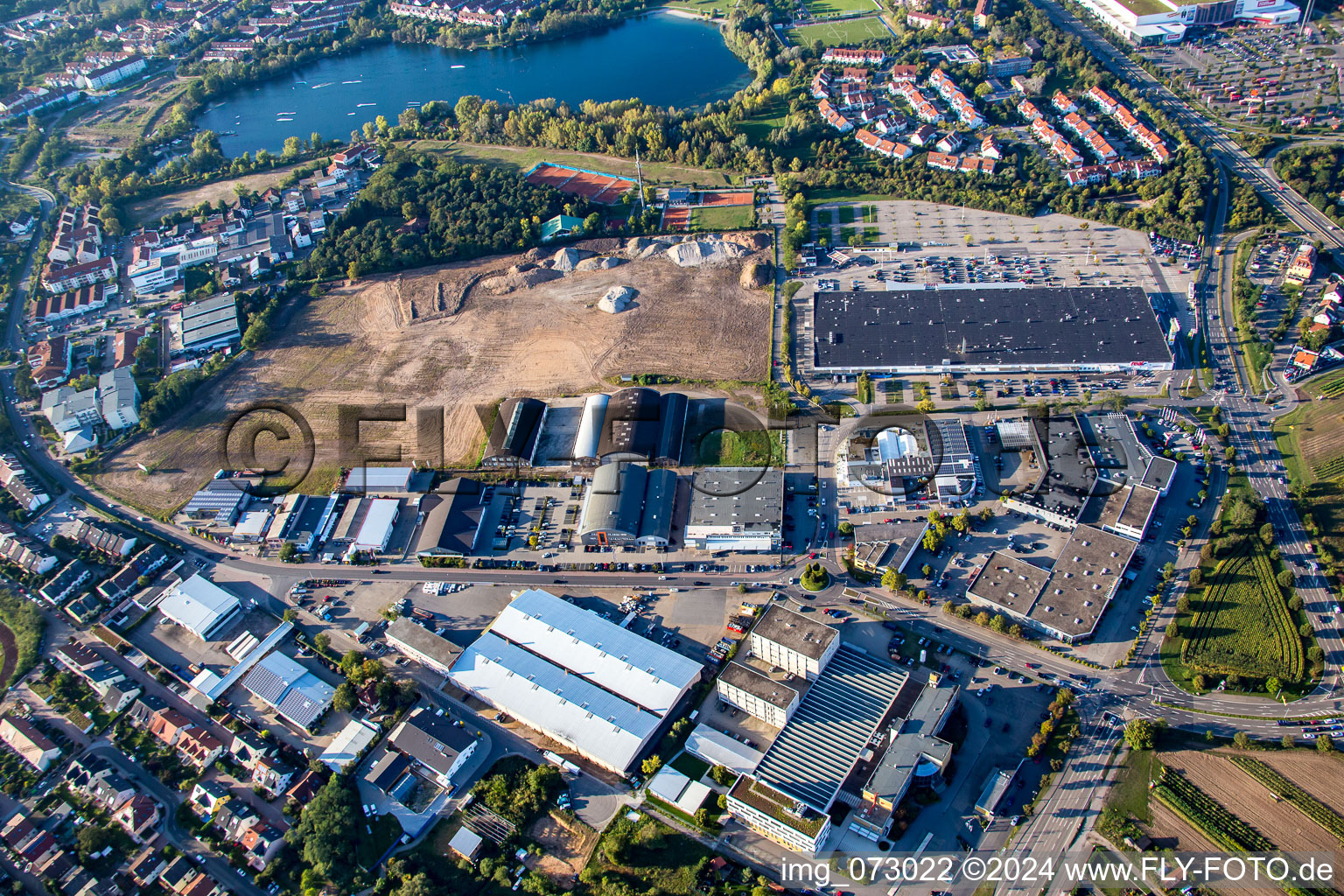 Brühl, Schütte-Lanz-Park commercial area in Schwetzingen in the state Baden-Wuerttemberg, Germany from above