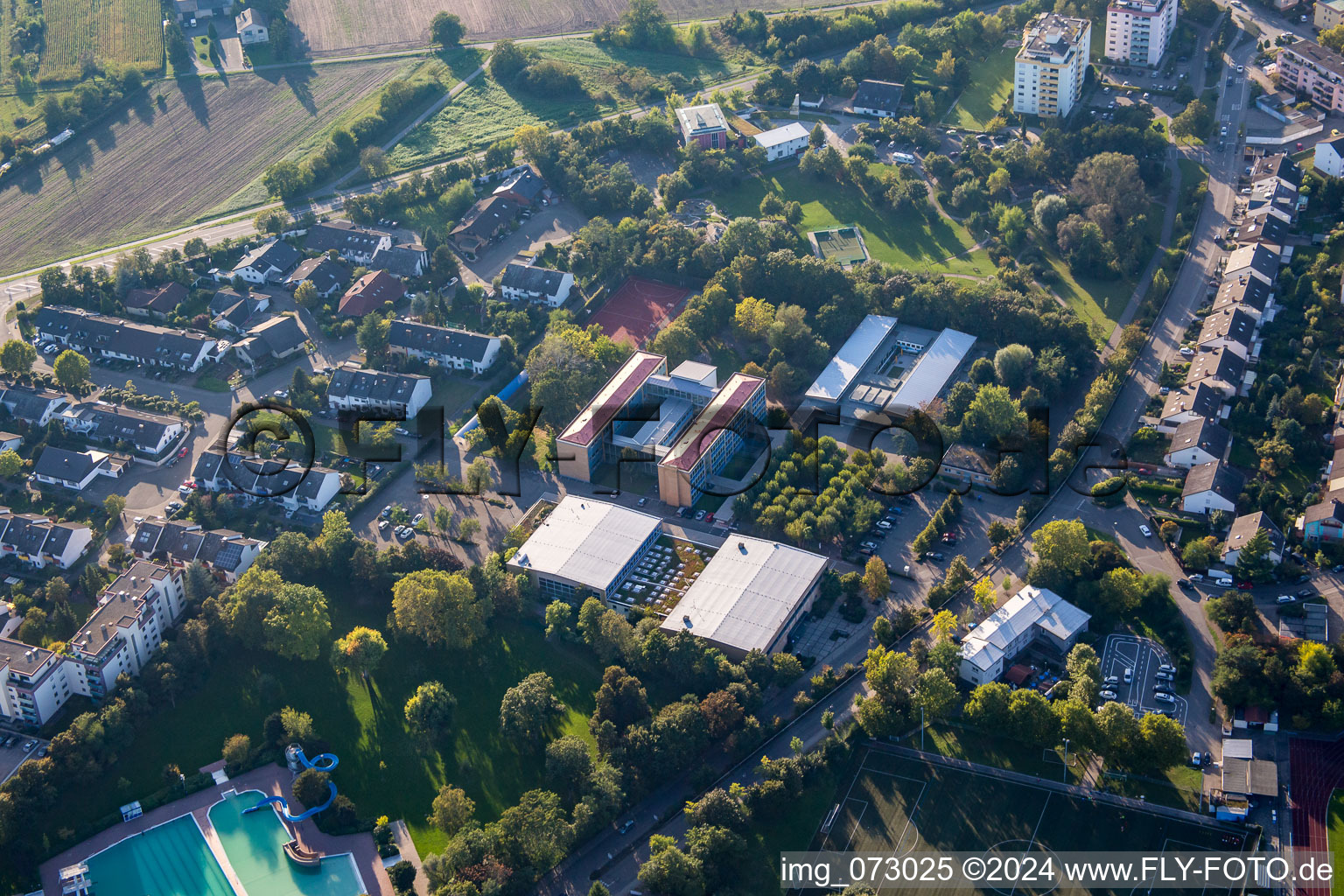 Schiller School and indoor swimming pool Brühl in the district Rohrhof in Brühl in the state Baden-Wuerttemberg, Germany