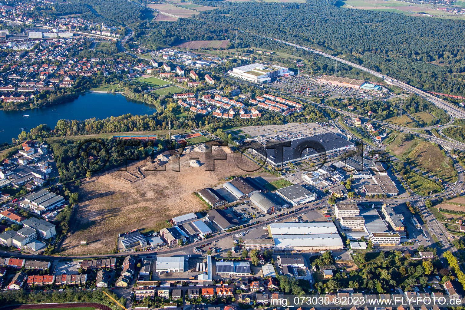 Aerial photograpy of Schütte-Lanz-Park commercial area in Brühl in the state Baden-Wuerttemberg, Germany