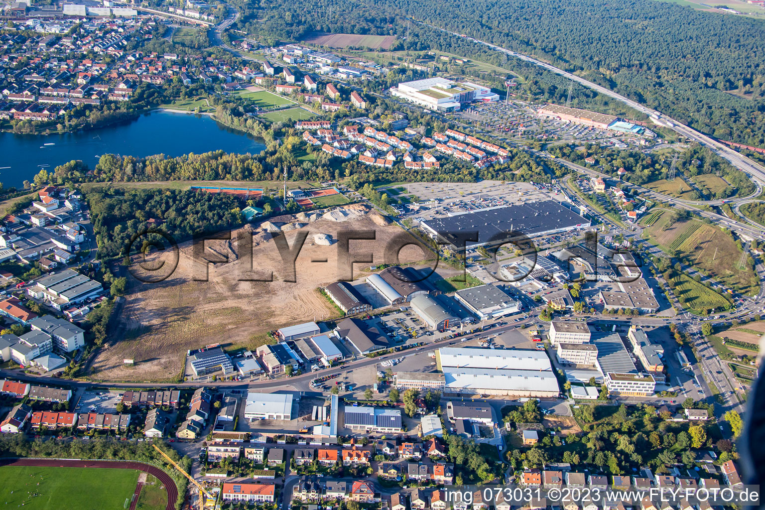 Oblique view of Schütte-Lanz-Park commercial area in Brühl in the state Baden-Wuerttemberg, Germany