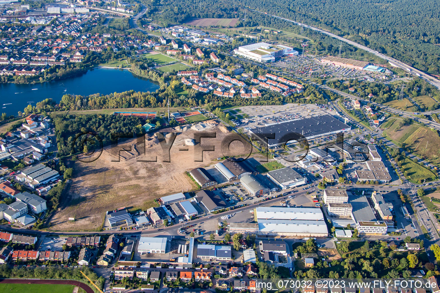 Schütte-Lanz-Park commercial area in Brühl in the state Baden-Wuerttemberg, Germany from above