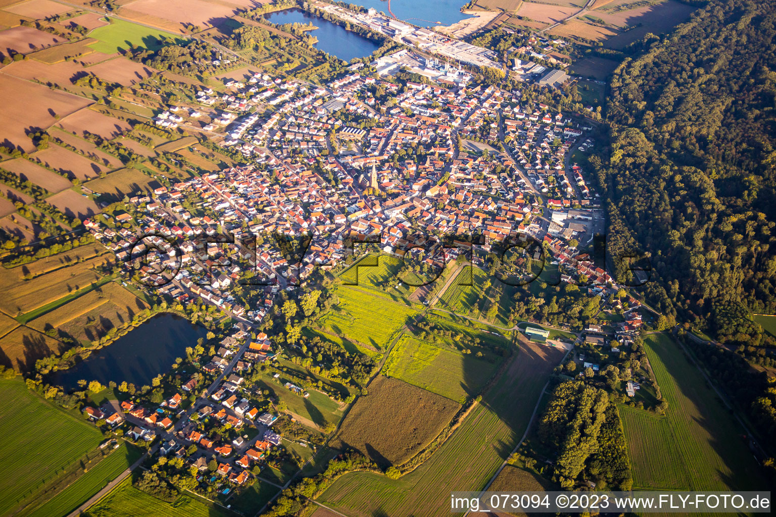 Aerial view of From northwest in the district Rheinsheim in Philippsburg in the state Baden-Wuerttemberg, Germany