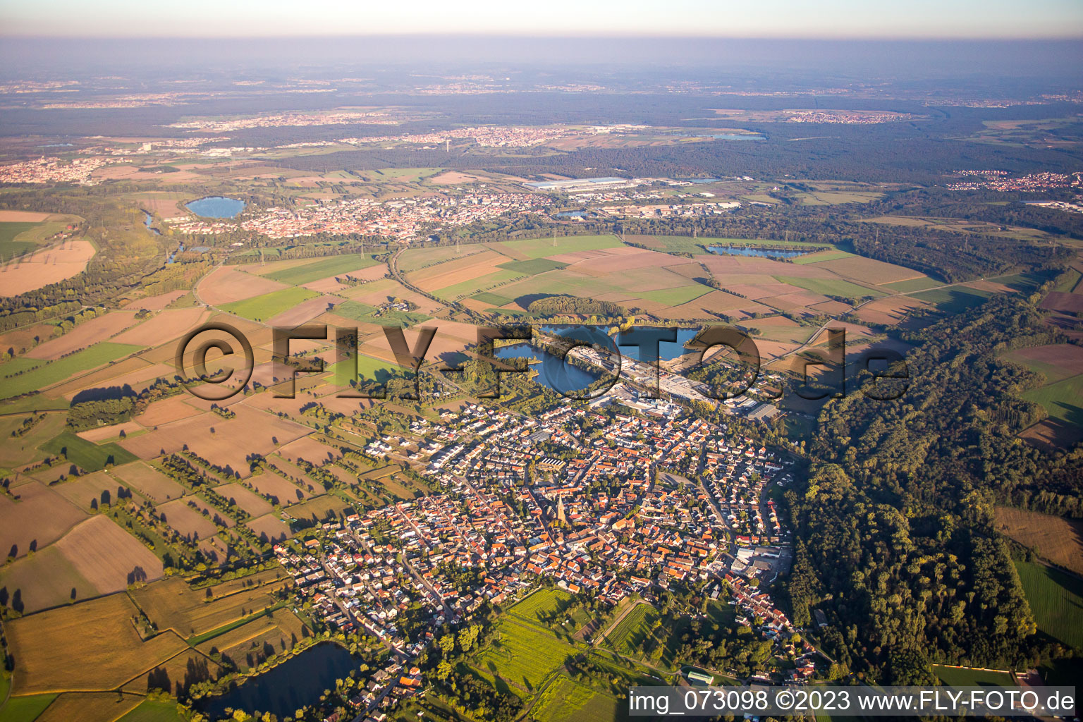 Aerial photograpy of From northwest in the district Rheinsheim in Philippsburg in the state Baden-Wuerttemberg, Germany