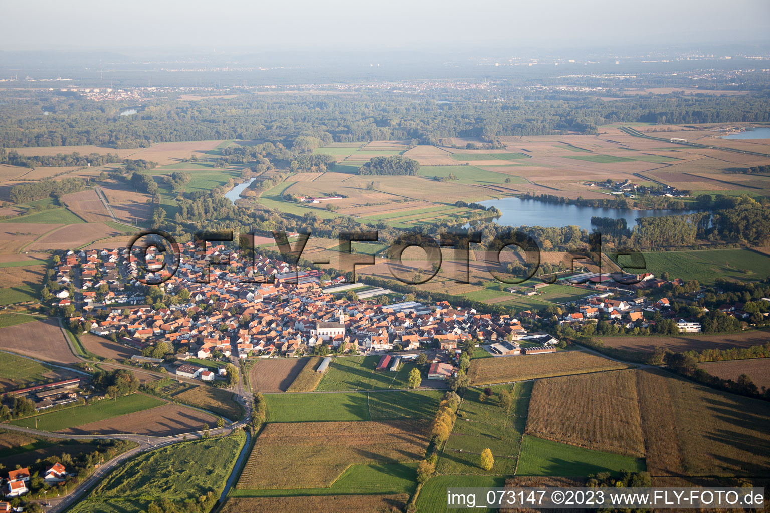 Aerial view of Neupotz in the state Rhineland-Palatinate, Germany