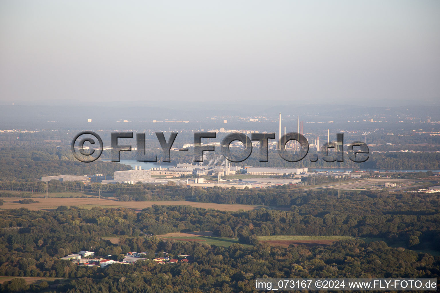 Oberwald industrial area from the west in Wörth am Rhein in the state Rhineland-Palatinate, Germany