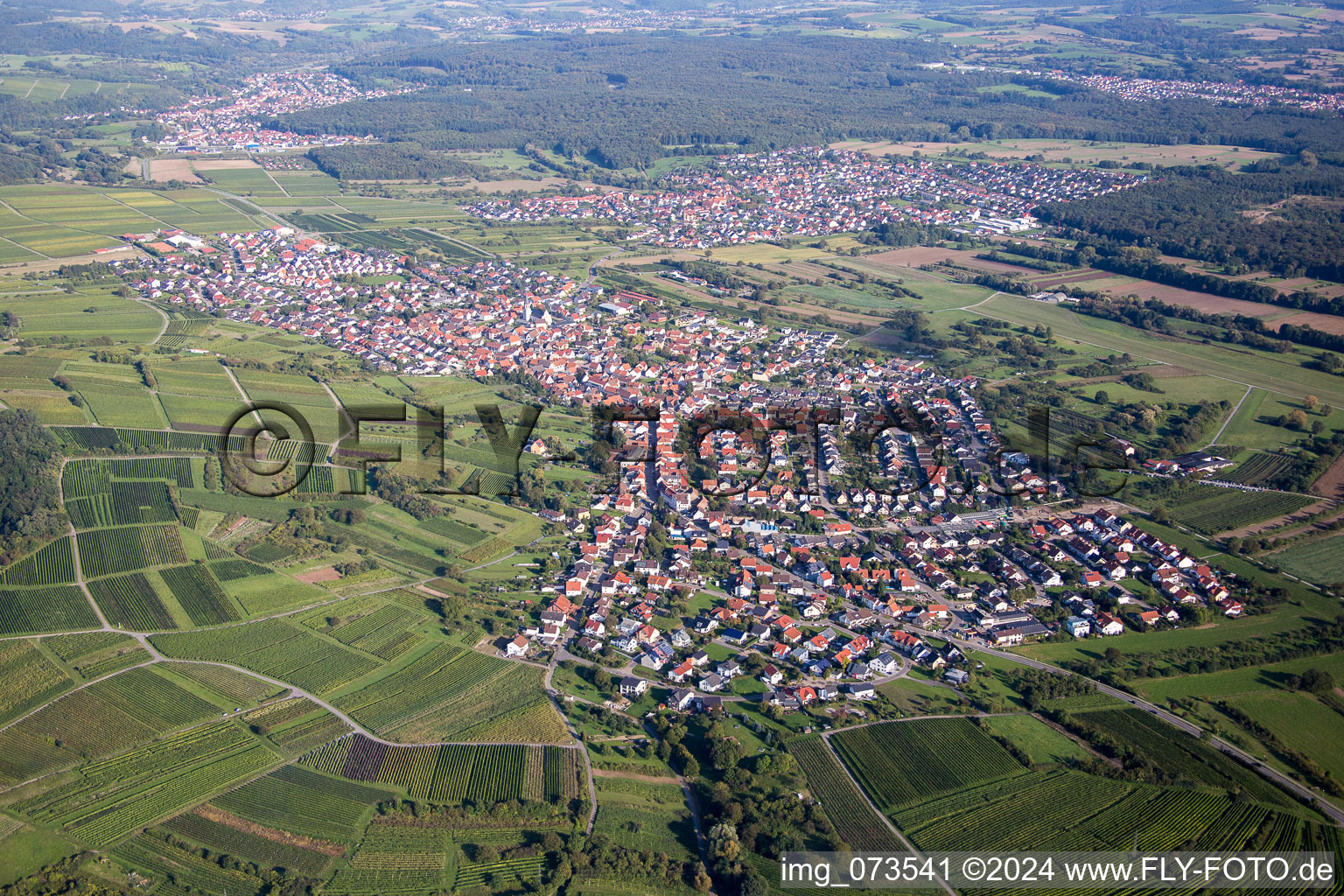 Town View of the streets and houses of the residential areas in the district Rettigheim in Muehlhausen in the state Baden-Wurttemberg, Germany