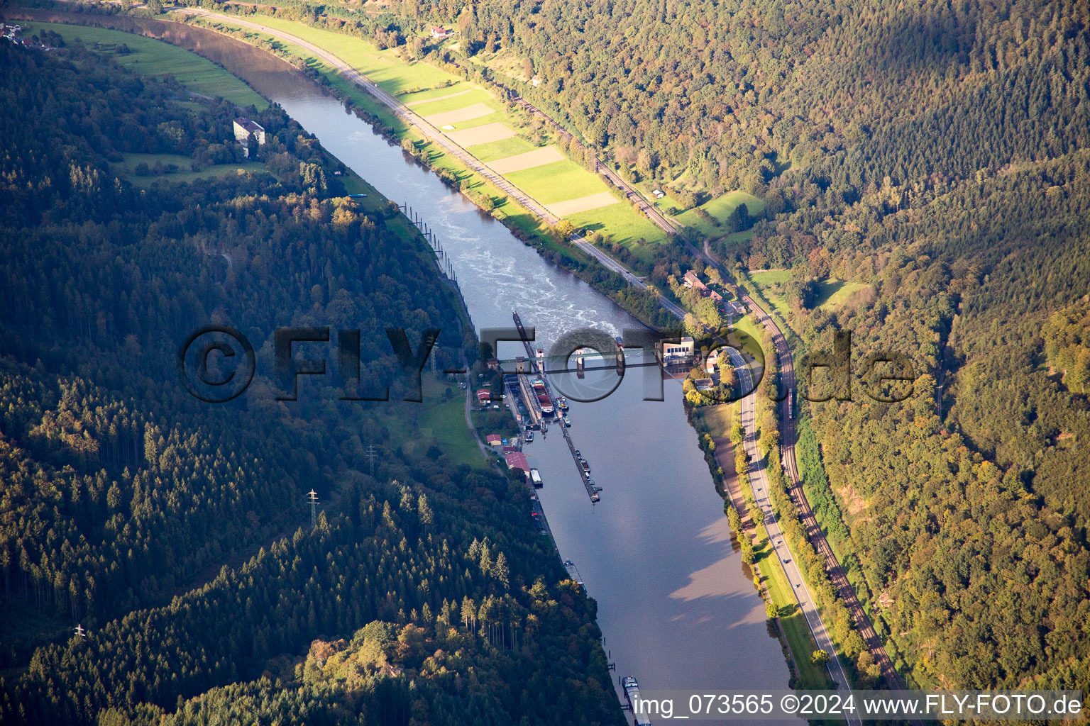 Aerial view of Neckar Lock Rockenau in the district Lindach in Eberbach in the state Baden-Wuerttemberg, Germany