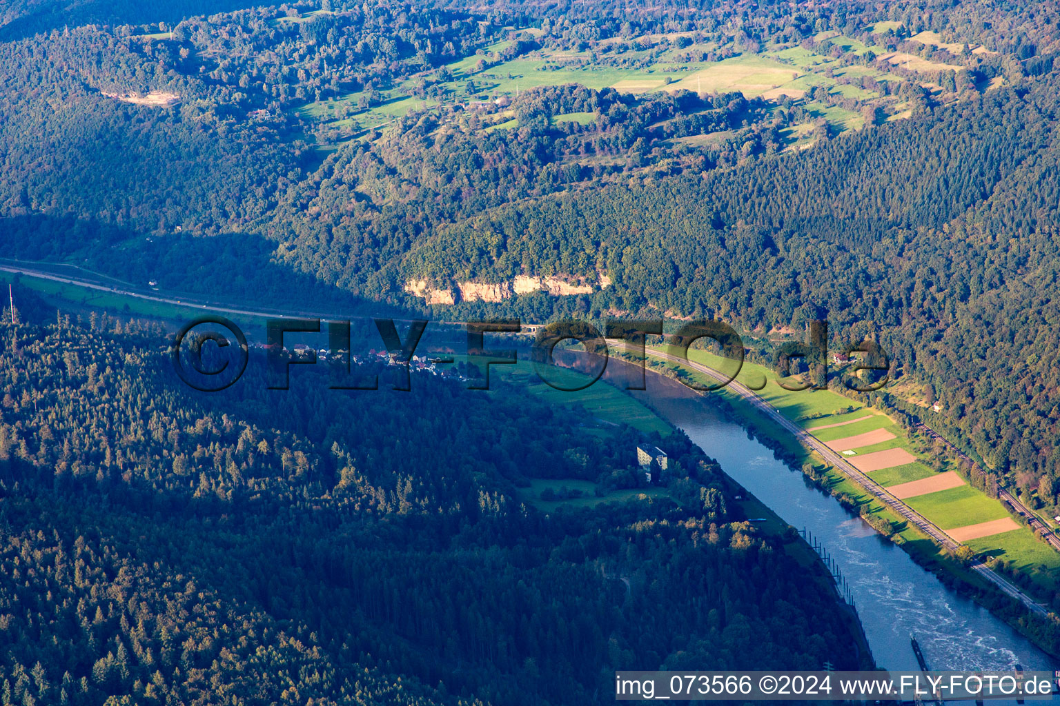 From the south in the district Rockenau in Eberbach in the state Baden-Wuerttemberg, Germany