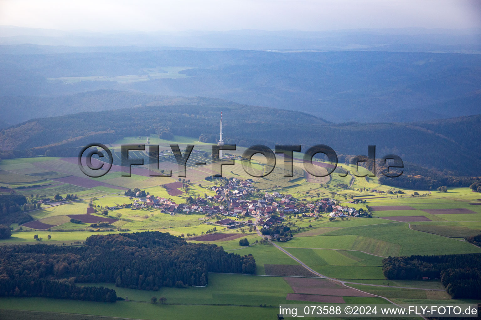 Aerial photograpy of Television Tower Katzenbuckel in the district Reisenbach in Mudau in the state Baden-Wurttemberg, Germany