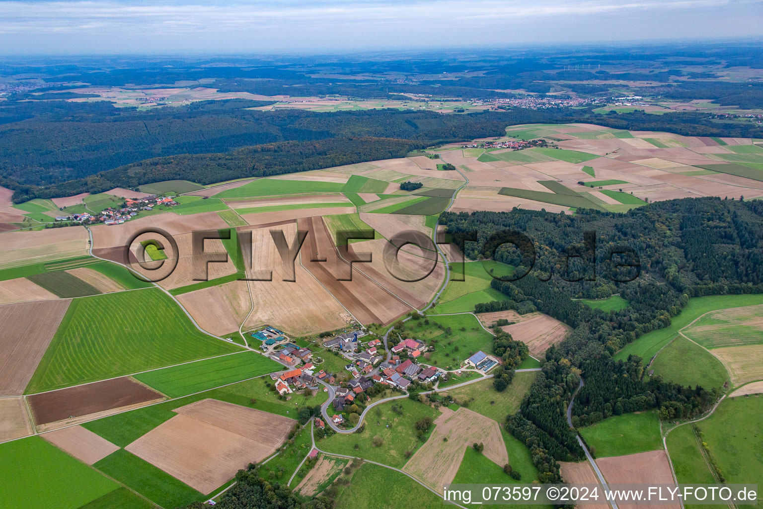 Aerial view of District Vollmersdorf in Hardheim in the state Baden-Wuerttemberg, Germany