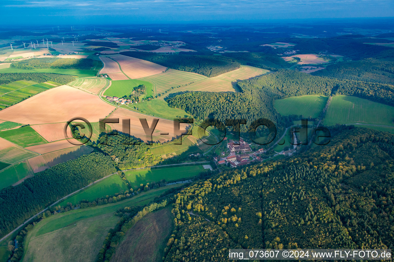 Aerial view of Monastery Bronnbach in the district Bronnbach in Wertheim in the state Baden-Wuerttemberg, Germany