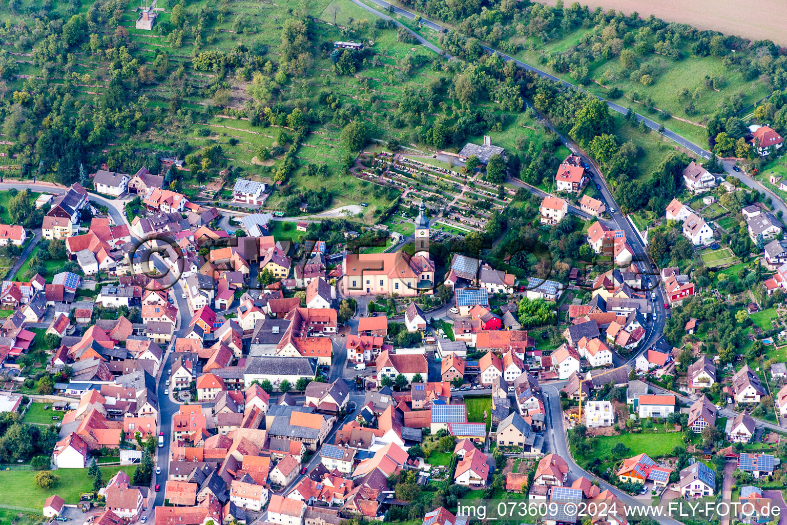 Aerial view of Town View of the streets and houses of the residential areas in the district Reicholzheim in Wertheim in the state Baden-Wurttemberg, Germany