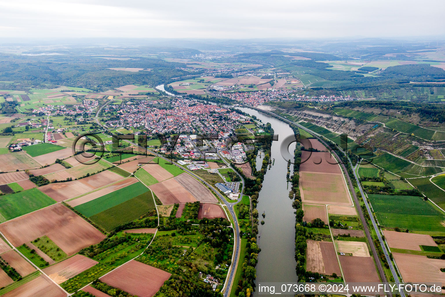 Village on the river bank areas in Zellingen in the state Bavaria, Germany