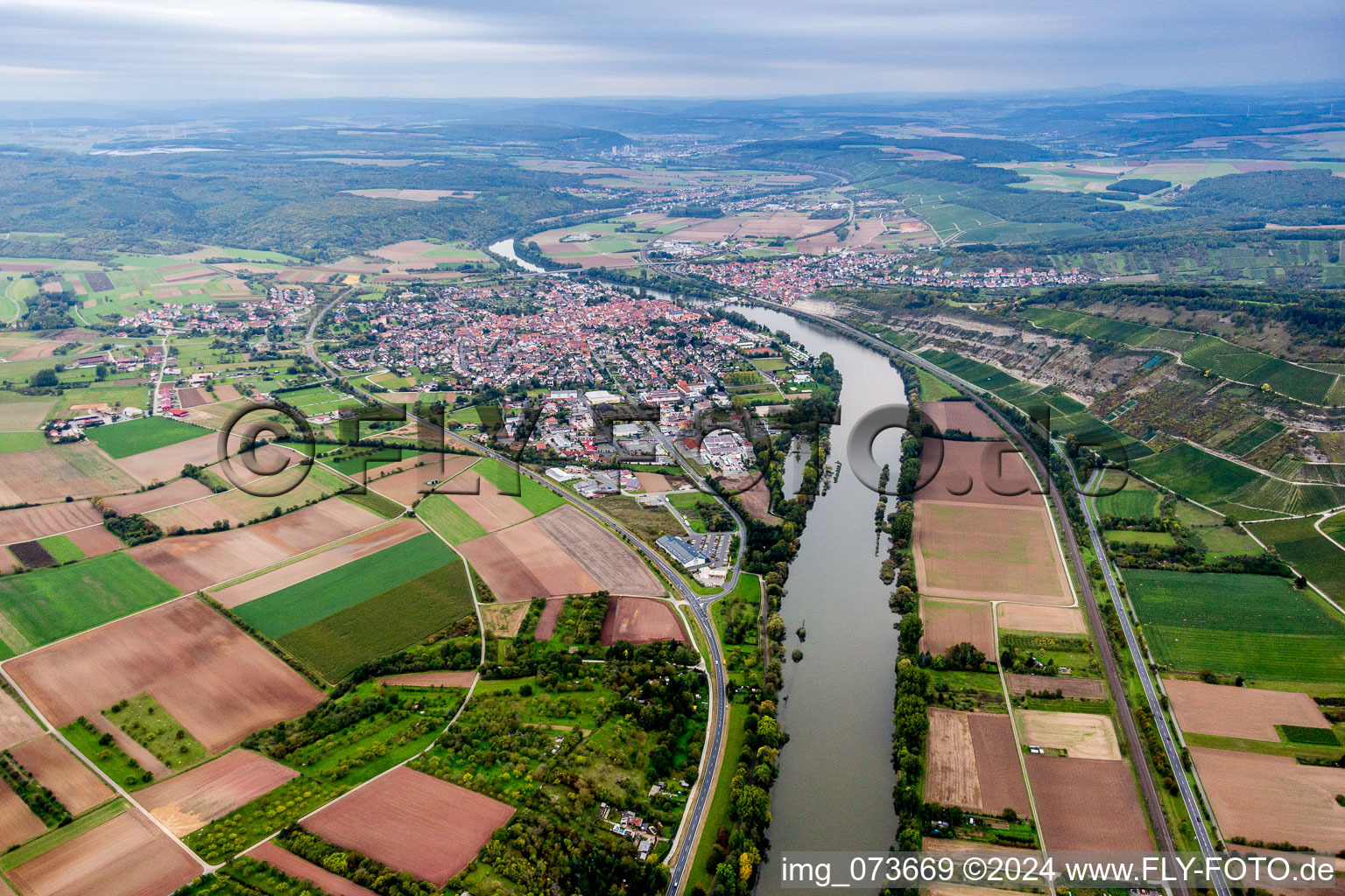 Aerial view of Village on the river bank areas in Zellingen in the state Bavaria, Germany