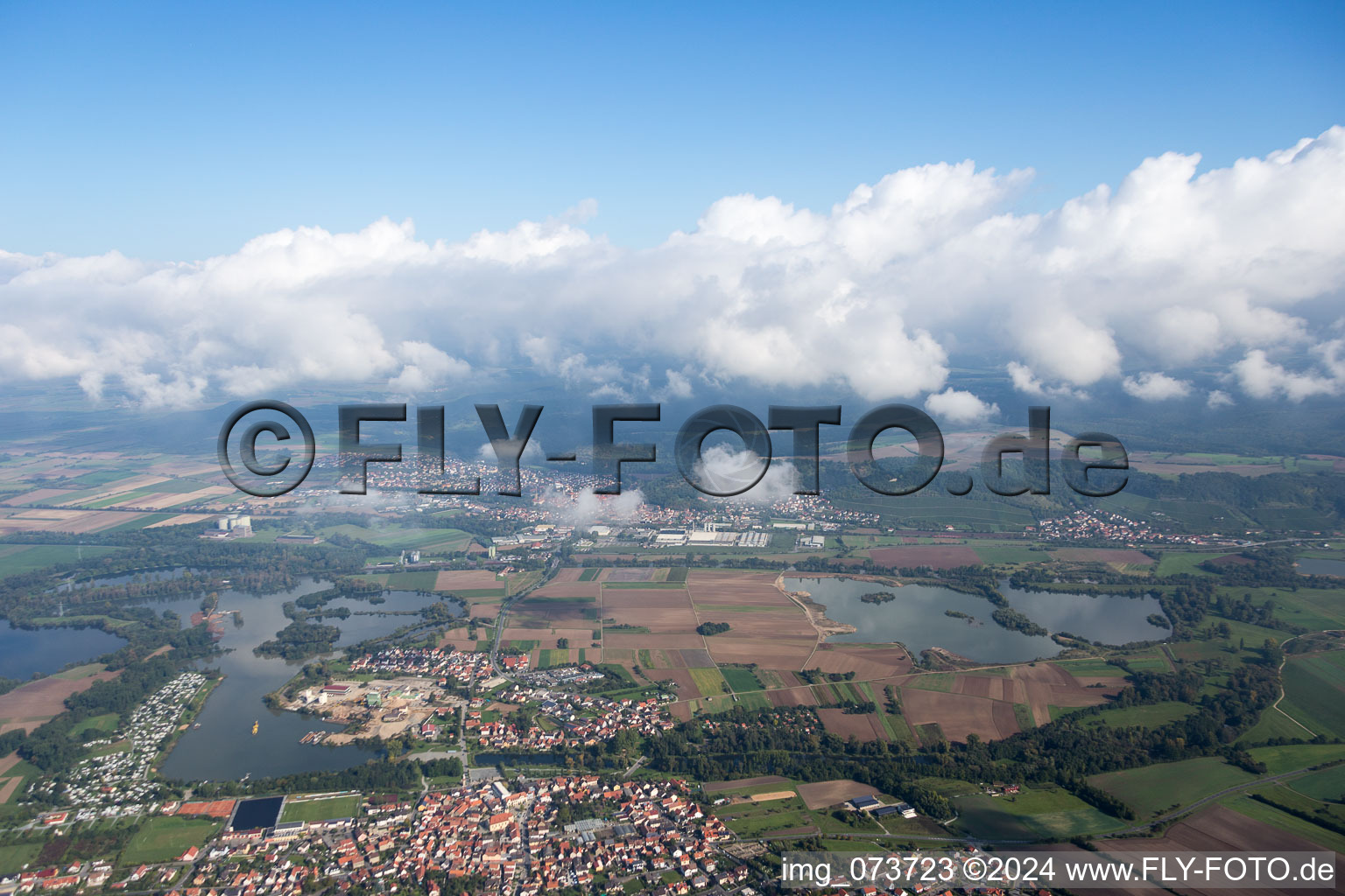 Aerial view of Town on the banks of the river of the Main river in Sand am Main in the state Bavaria, Germany