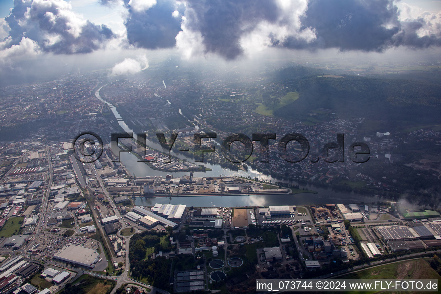 Quays and boat moorings at the port of the inland port Main in the district Gaustadt in Bamberg in the state Bavaria