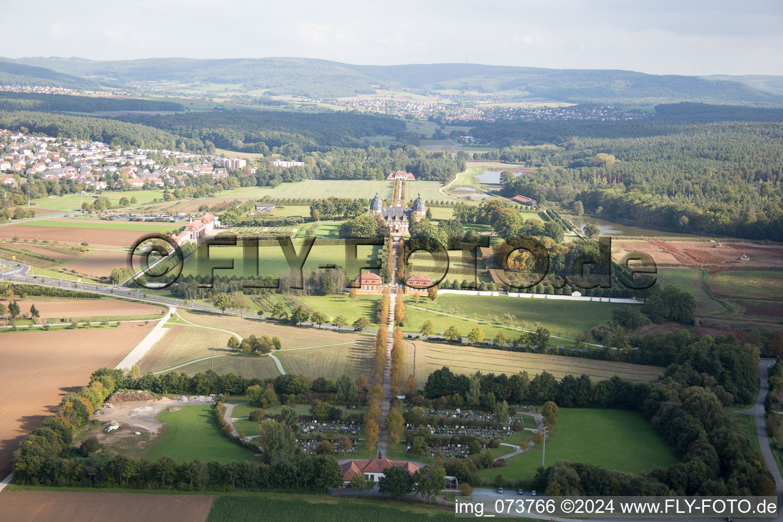 Aerial view of Seehof Castle in Memmelsdorf in the state Bavaria, Germany