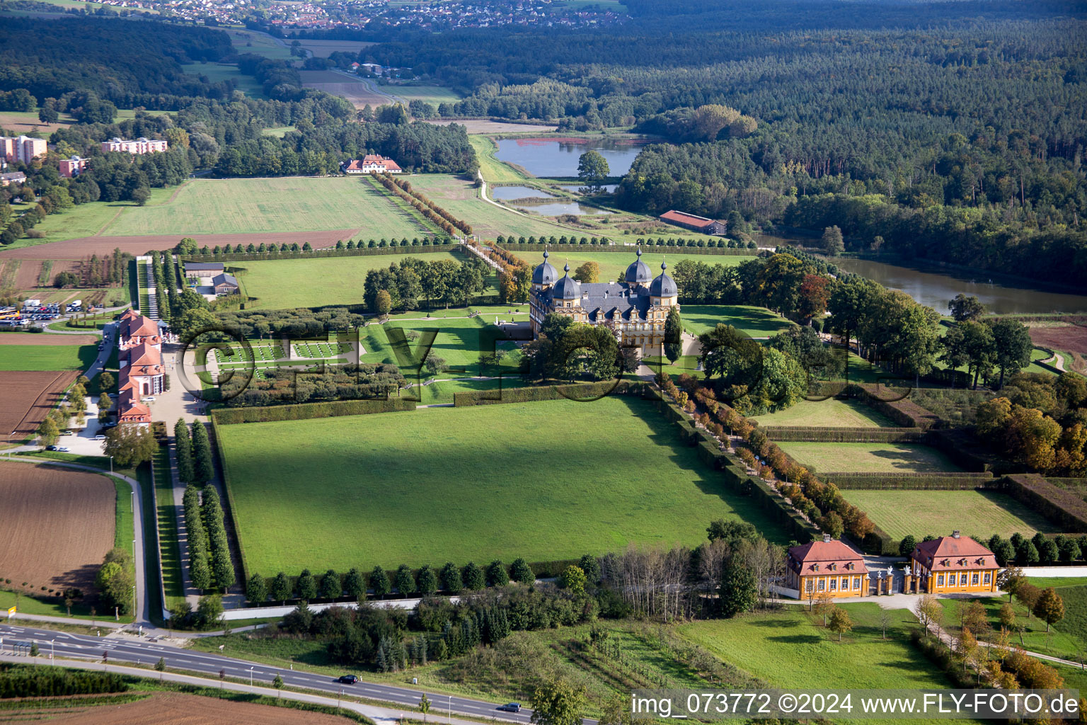 Aerial view of Building complex in the park of the castle Seehof in Memmelsdorf in the state Bavaria