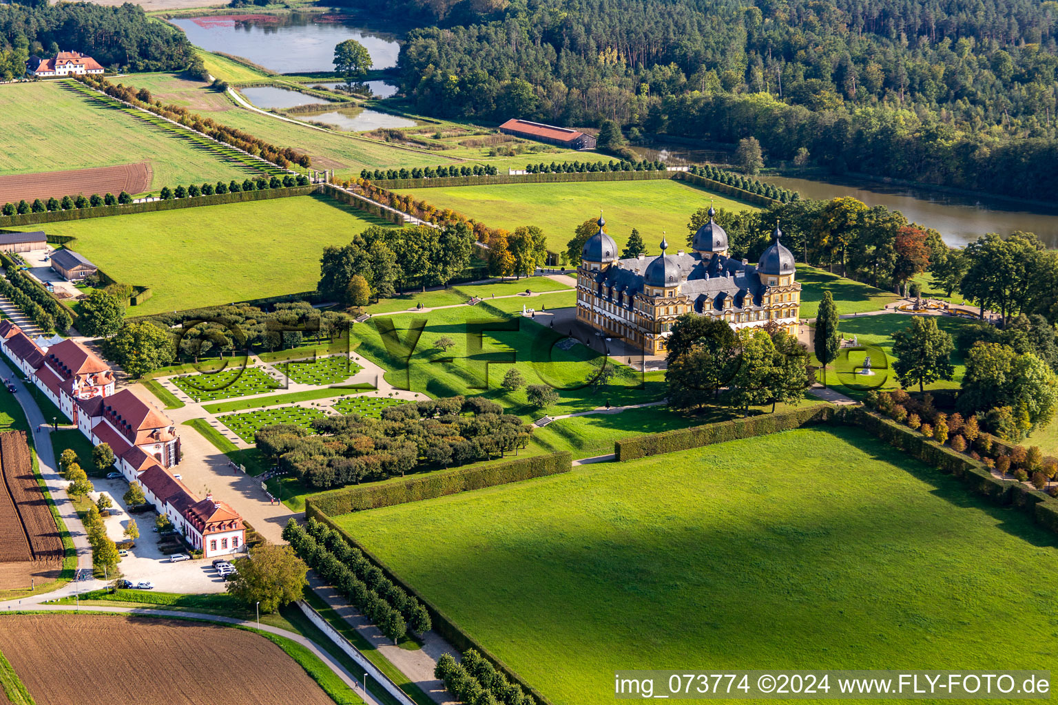 Aerial view of Park and Palace Seehof in Memmelsdorf in the state Bavaria, Germany