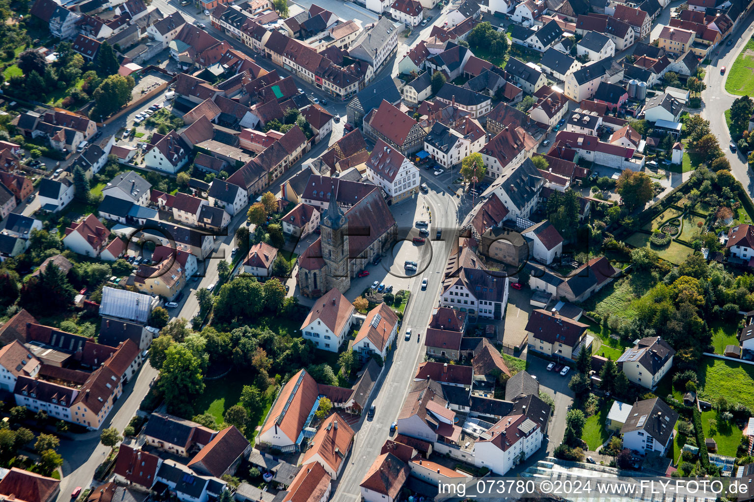 Church building in Katholische Pfarrkirche St. Kilian Old Town- center of downtown in Hallstadt in the state Bavaria, Germany