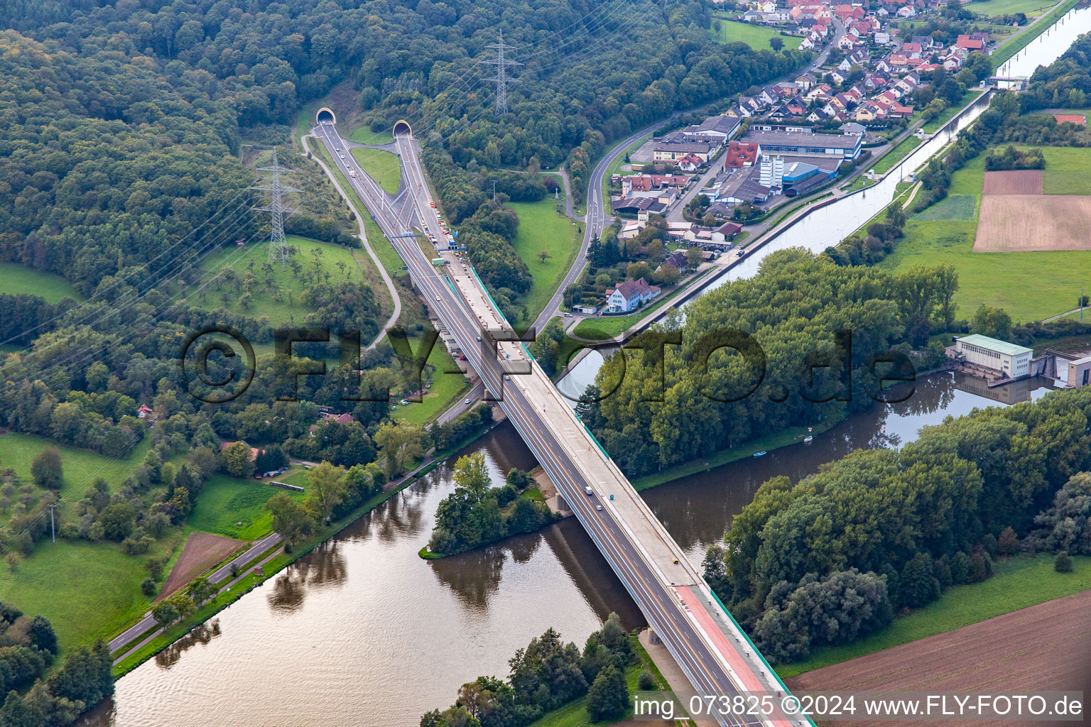 Routing and traffic lanes over the highway bridge in the motorway A 70 over the Main river in Eltmann in the state Bavaria