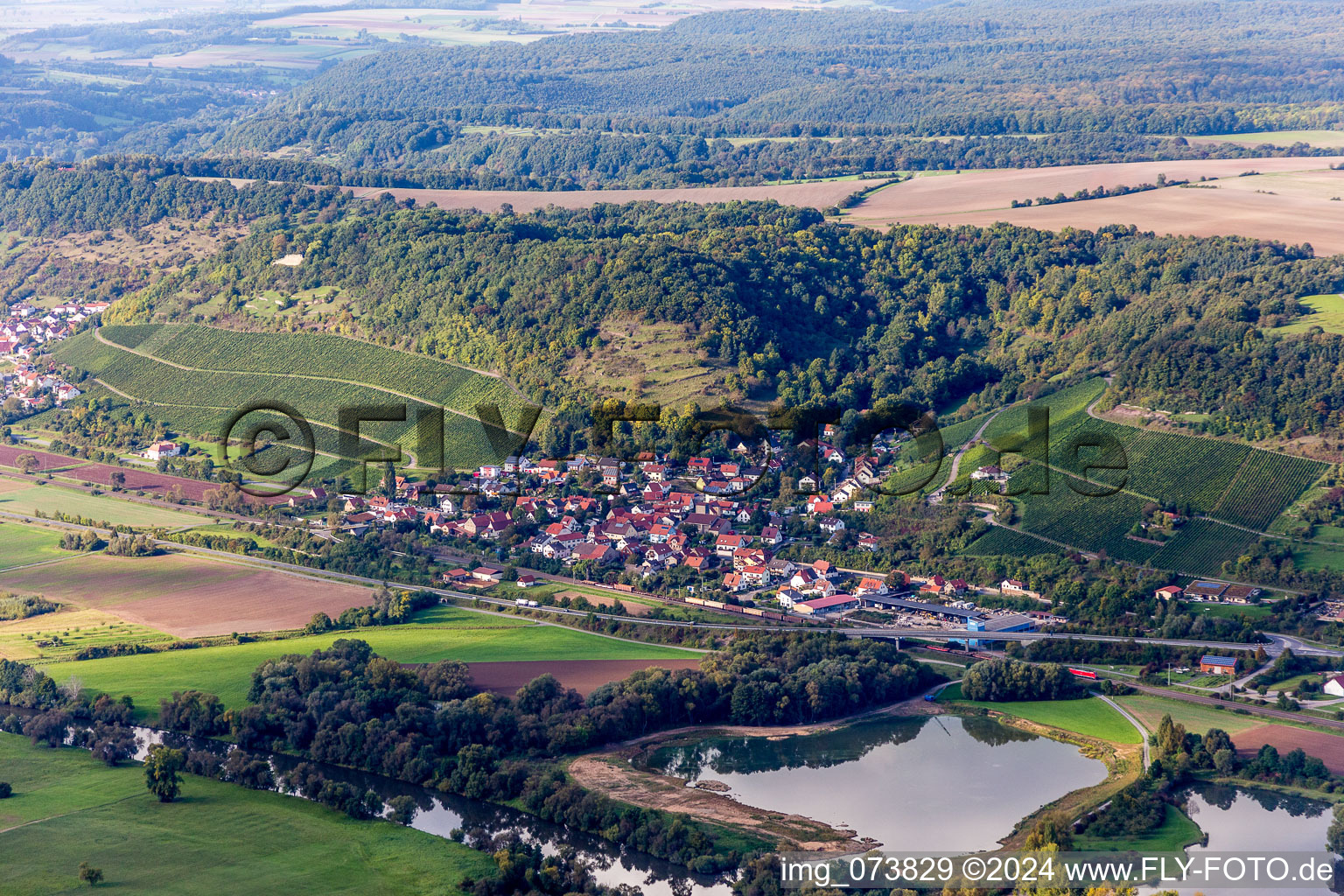 Village on the river bank areas of the Main river in Ziegelanger in the state Bavaria, Germany