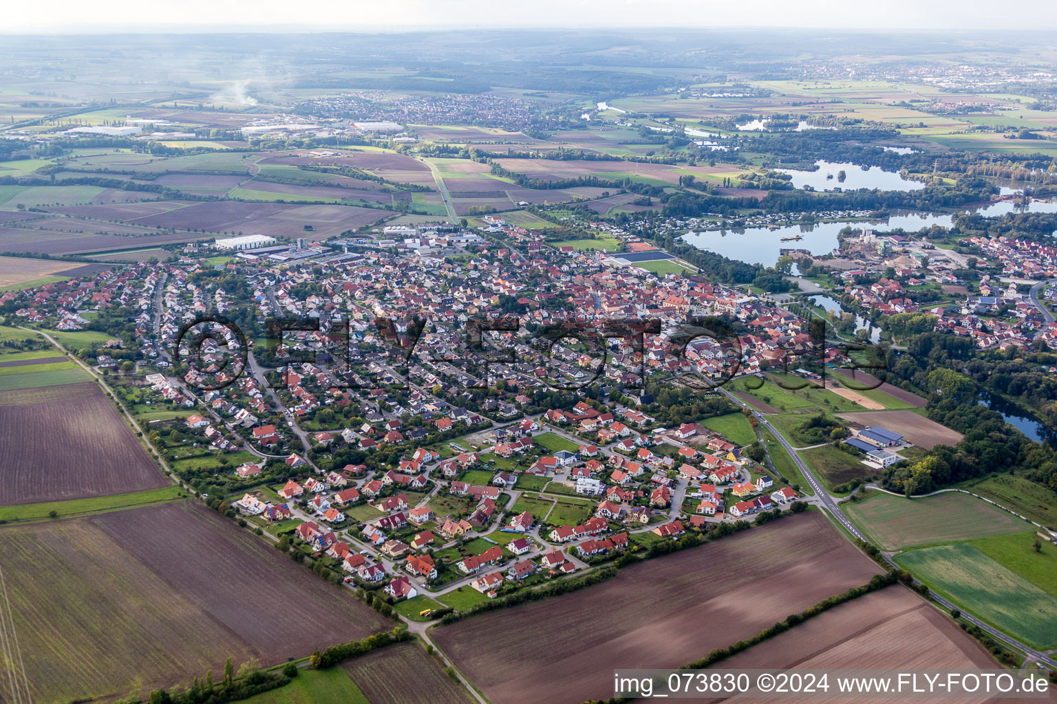 Aerial photograpy of Town on the banks of the river of the Main river in Sand am Main in the state Bavaria, Germany