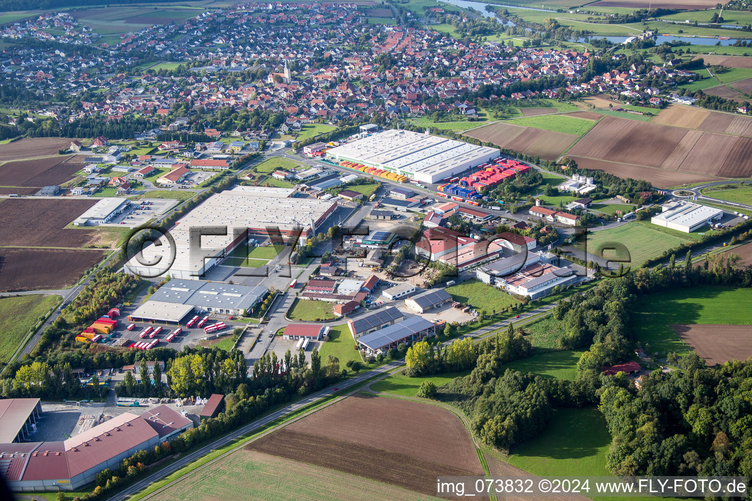 Aerial view of Industrial estate and company settlement Gewerbegebiet An of Siechkapelle in Knetzgau in the state Bavaria, Germany