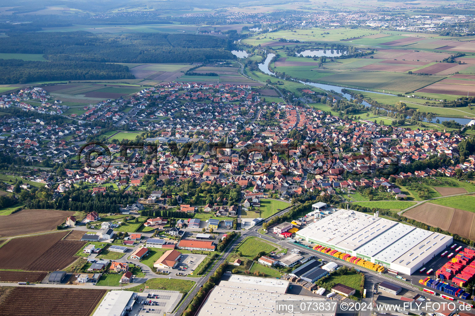 Aerial photograpy of Industrial estate and company settlement Gewerbegebiet An of Siechkapelle in Knetzgau in the state Bavaria, Germany